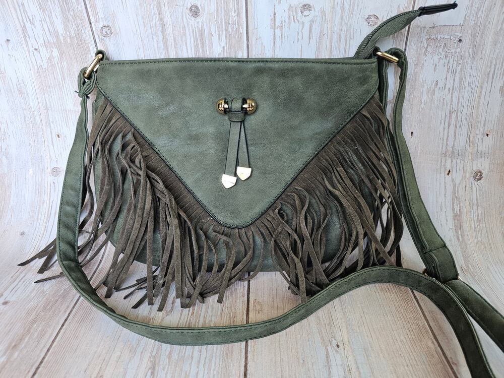 Olive Green Suede Look Fringe Crossbody Bag Western Boho Cowgirl Purse